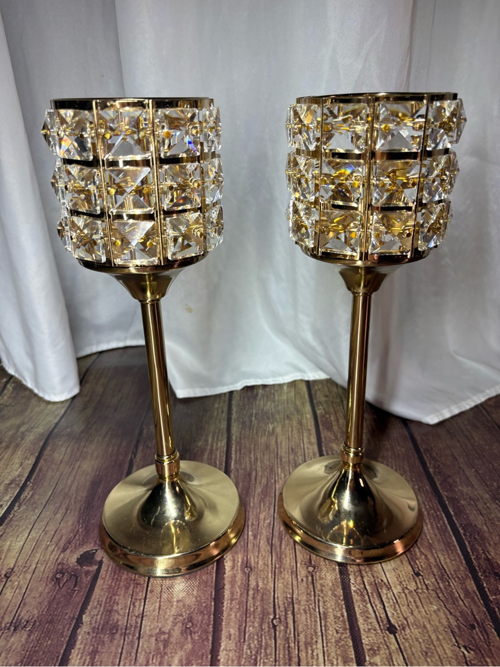 Gold Crystal Pillar Candle Holders - Pair